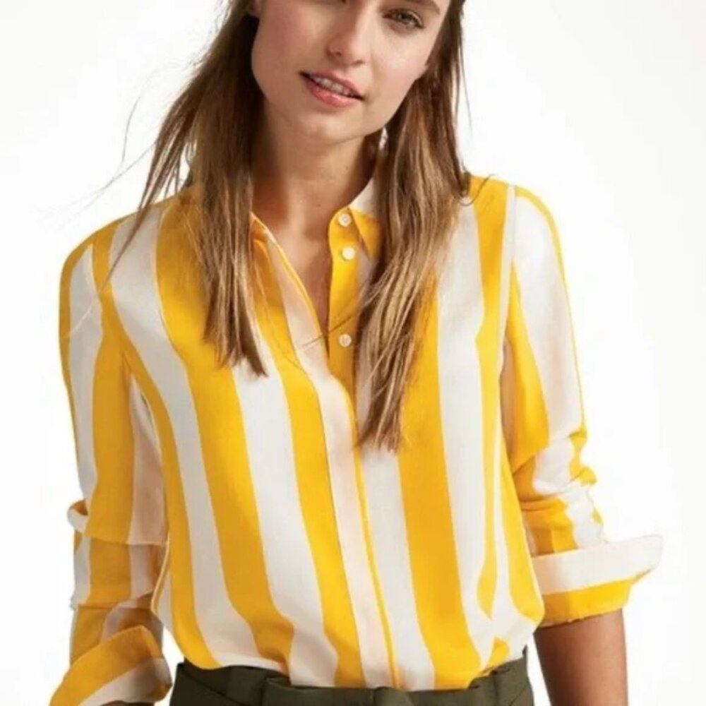 Boden Yellow and White Vertical Stripe Button-Down Shirt